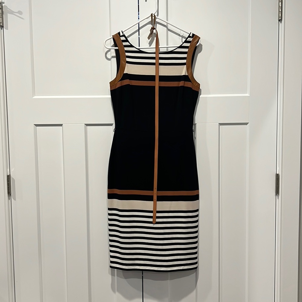 WHBM striped color block dress with suede accents and belt, Sz 6